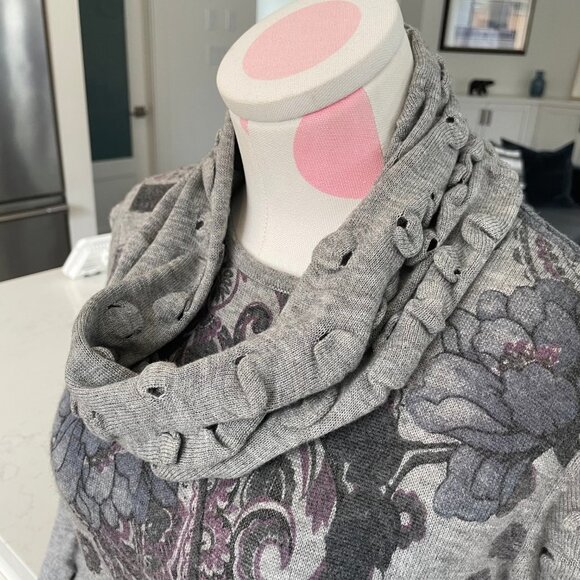 Alberto Makali Designer 2 Pce Floral Wool Acrylic Sweater & Scarf Grey Blu Sz M - Picture 10 of 13